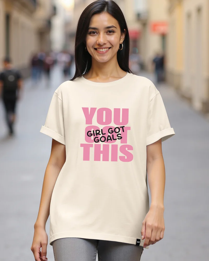 بيواكوف Women's Beige Goals Typography Boyfriend T-shirt